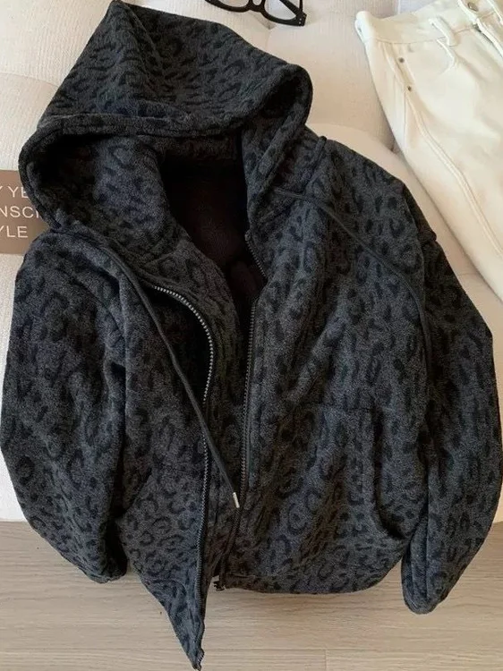 plus Size Women's Hooded Fleece Lined Thickened Cardigan Coat Autumn Winter Loose Fit Warm Sweatshirt Large Scale Pattern