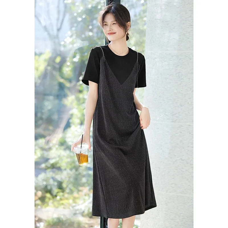 

Elegant O-Neck Spliced Bright Silk Fake Two Pieces Midi Dress Women's Clothing Summer New Loose Office Lady Ladies Dresses