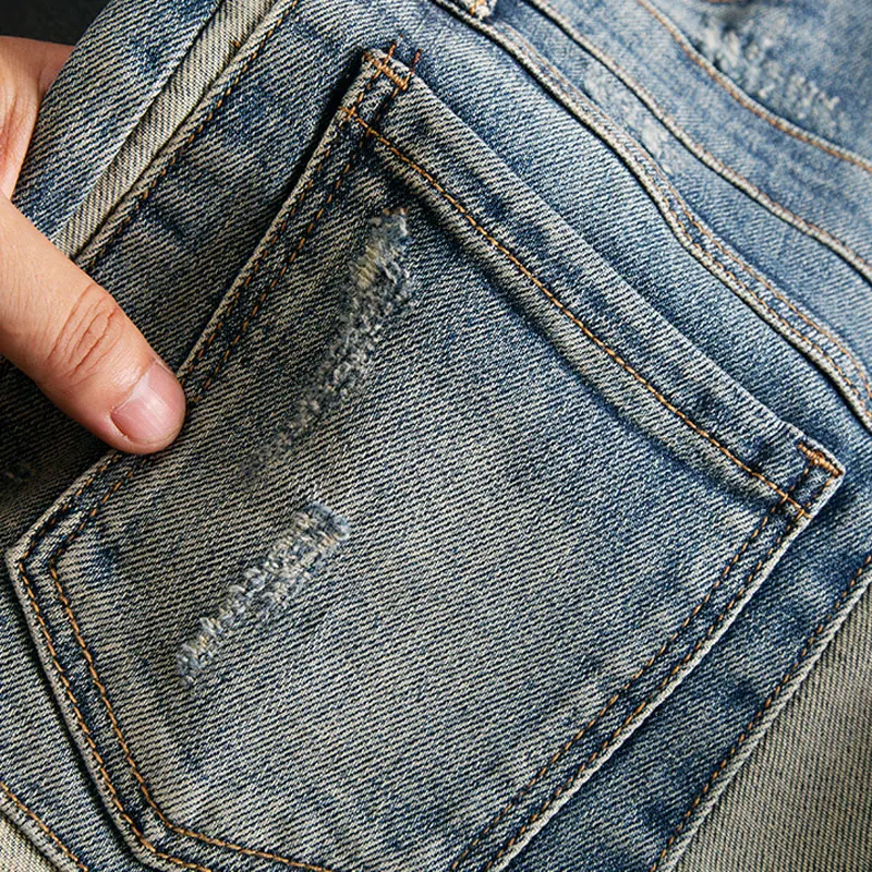

Street Designer Fashion Men Jeans Retro Blue Stretch Slim Fit Patched Ripped Jeans Men Multi Pockets Hip Hop Vintage Denim Pants