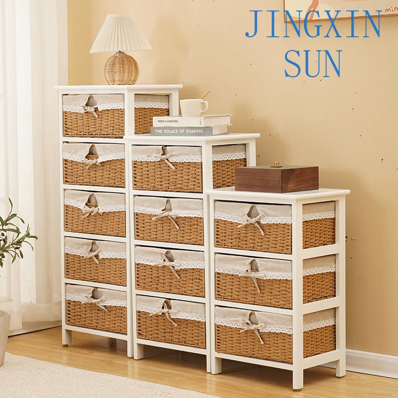 Storage cabinet Wooden simple bedside table Modern woven drawer Home locker Shelf Internet celebrity Straw chest