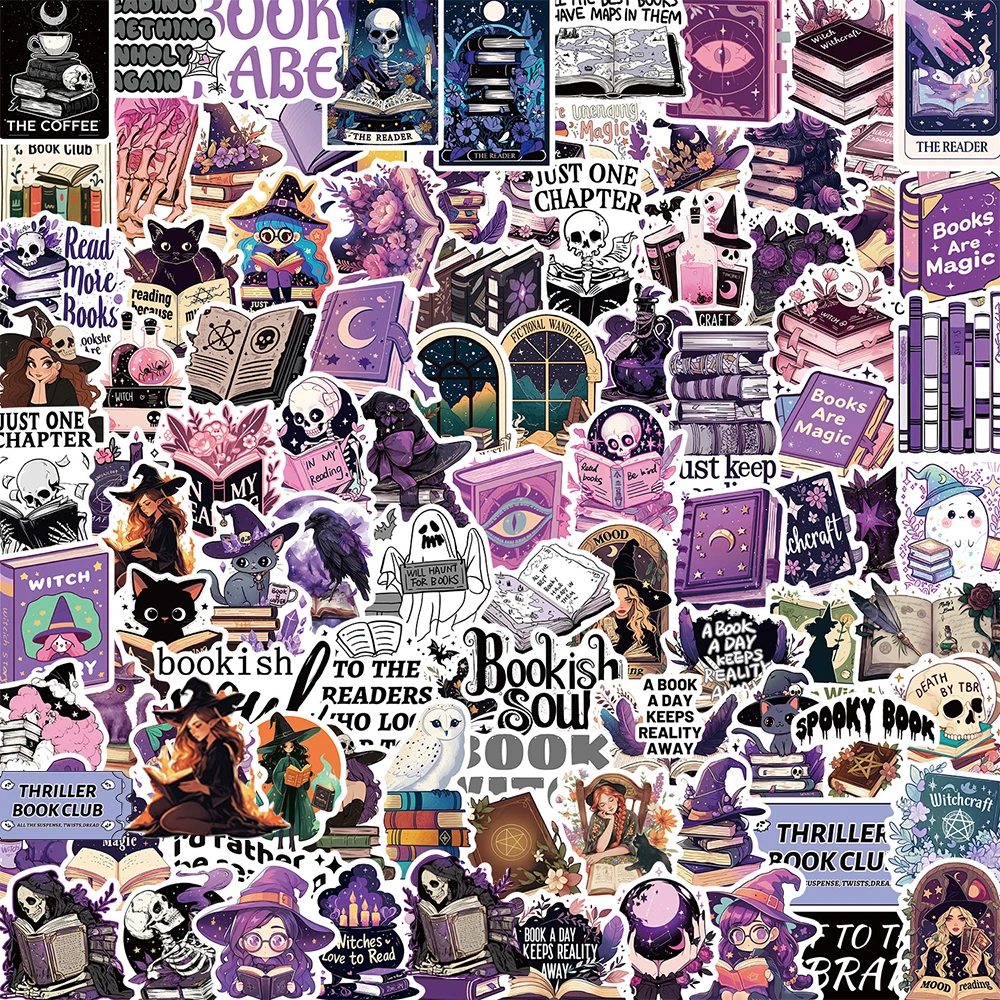 10/30/50/100pcs Gothic Style Purple Witch Bookish Stickers Kawaii Girl Reading Book Decals Luggage Guitar Phone Cool Sticker Toy