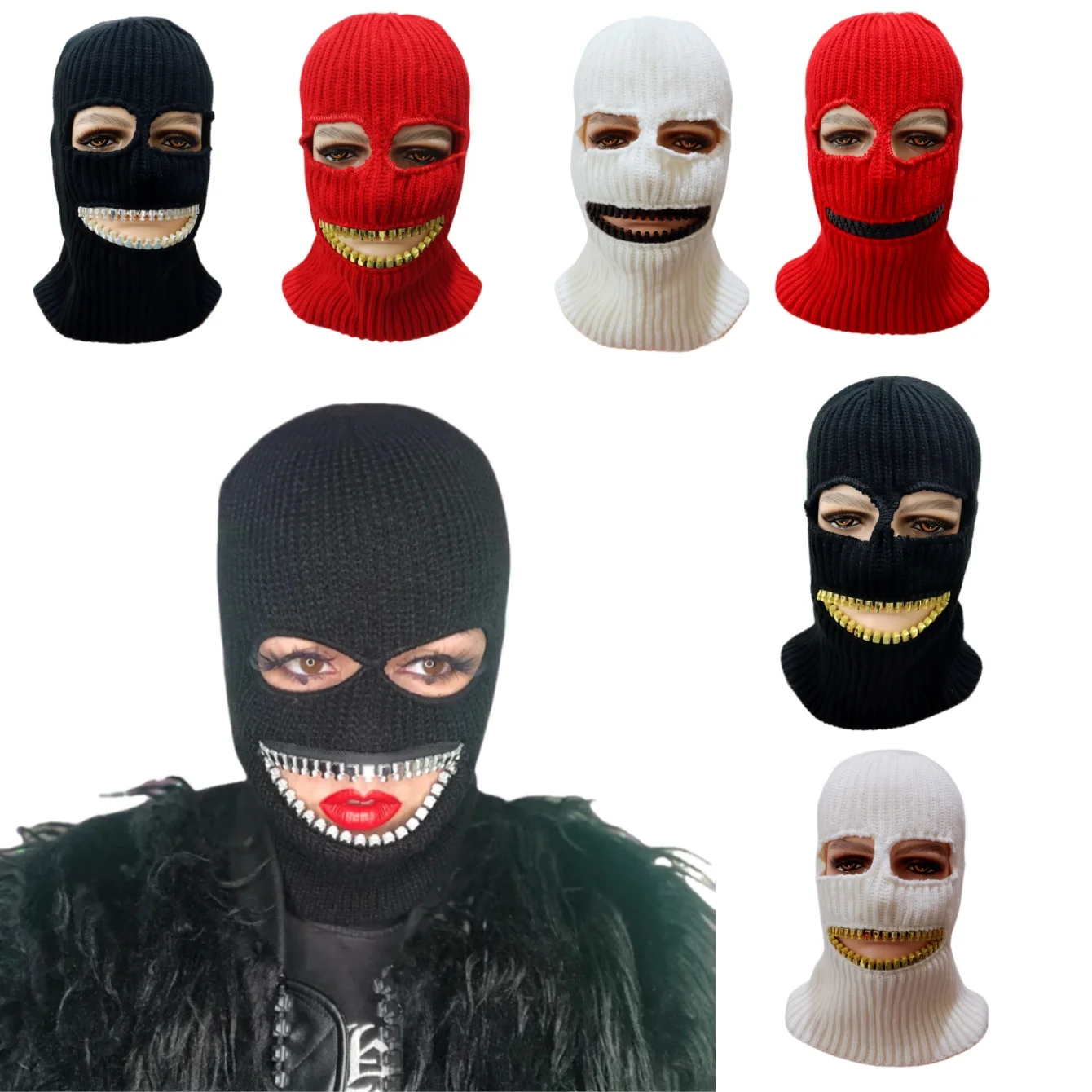 

1-Piece Men's and Women's Knitted Headsets with Gold Teeth Decorative Zipper Cute Hats for Autumn and Winter Warm Hats Available