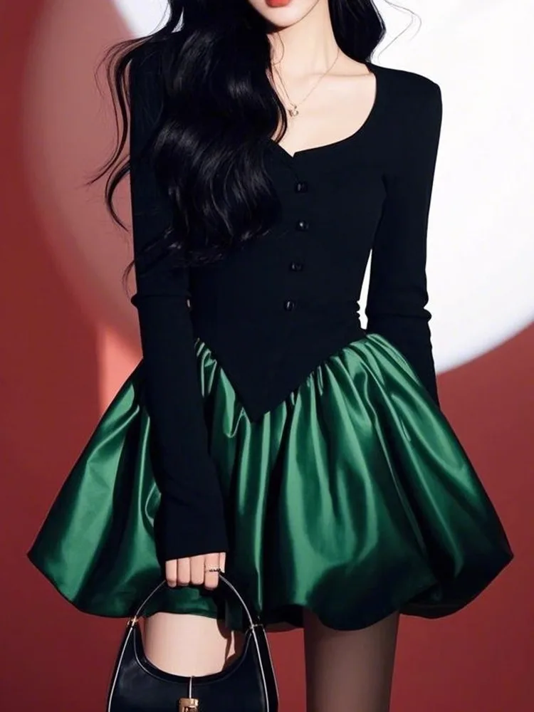 Spring Autumn Light Luxury Black Green Splicing Dress French Style Red Black Square Neck Mini Dresses Women Long Sleeve Fashion