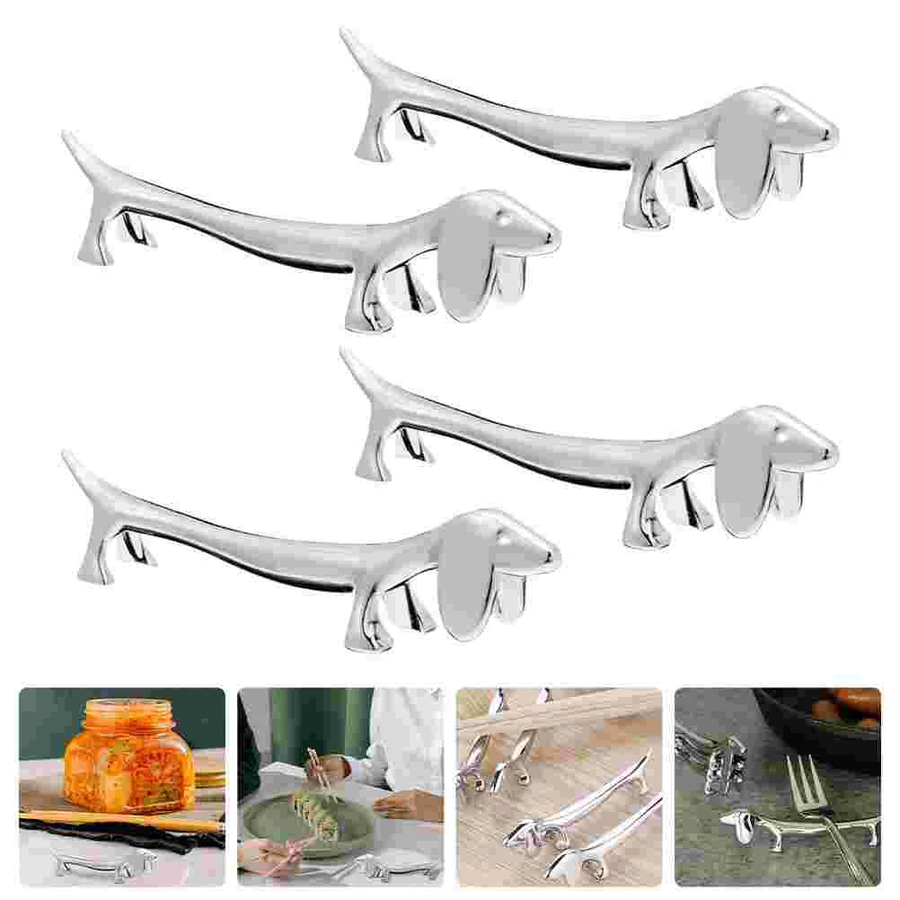 

4 Pcs Puppy Chopstick Rest Holder Dog Shape Flatware Racks Ceramics Kitchen Chopsticks Stand Zinc Alloy Spoon Holders Silver