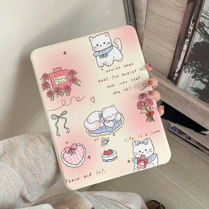 Pink Cute Rose Cat Tablet Case For iPad Pro 11 12.9 13 A16 M2 M4 M3 M5 Shell 8.3 9.7 10.2 5/6/7/8/9/10/11th Air 3 4 5 6 7 Cover