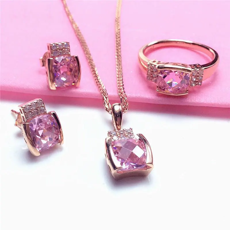 Romantic sweet style square pale pink gemstone jewelry set wedding necklac 585 purple gold 14K rose gold ring earrings for women