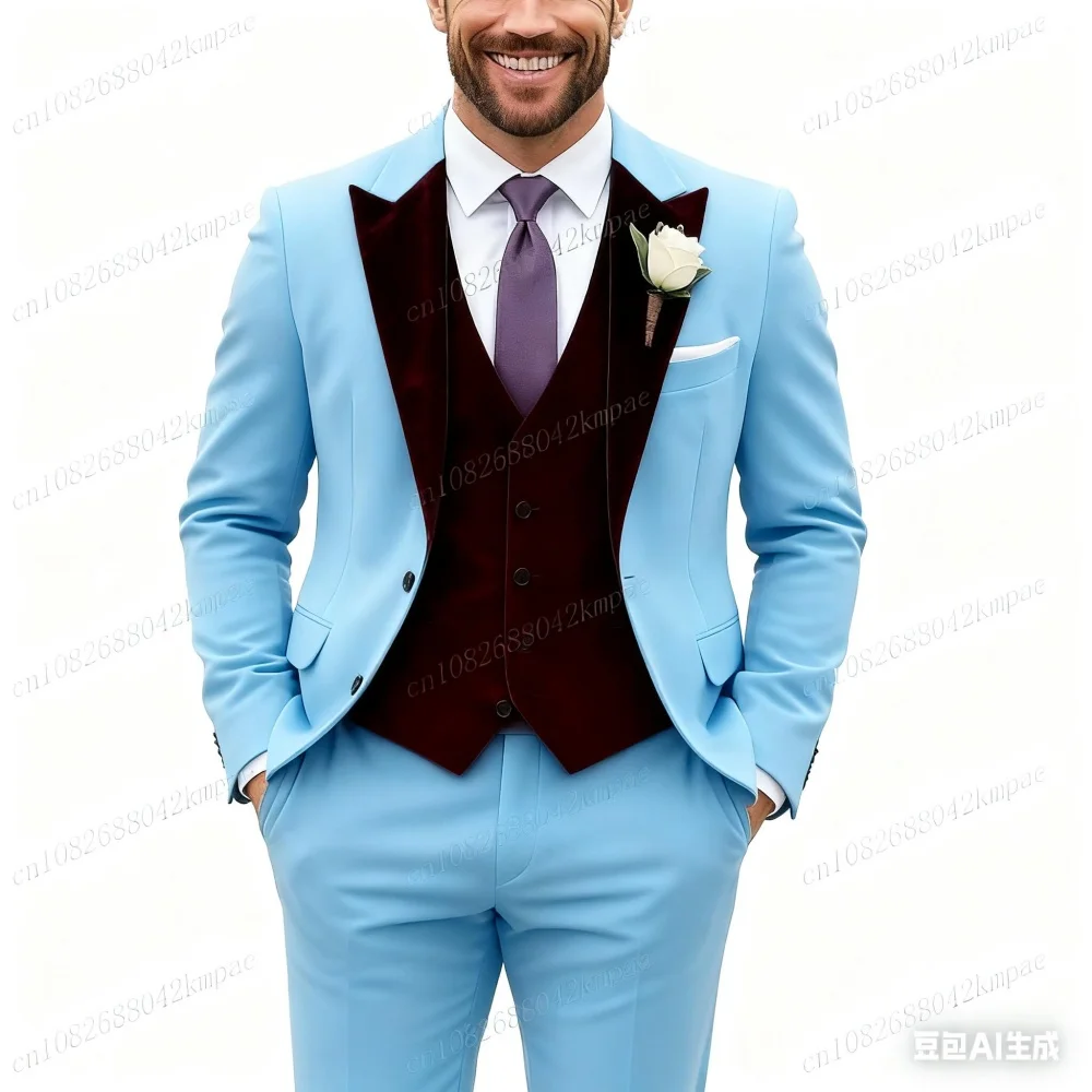 بدلة رسمية للرجال من المخمل الأرجواني مكونة من 3 قطع بدلة سوداء لحفلات الزفاف أفضل رجل لحفلات الكرة ملابس التدخين #3