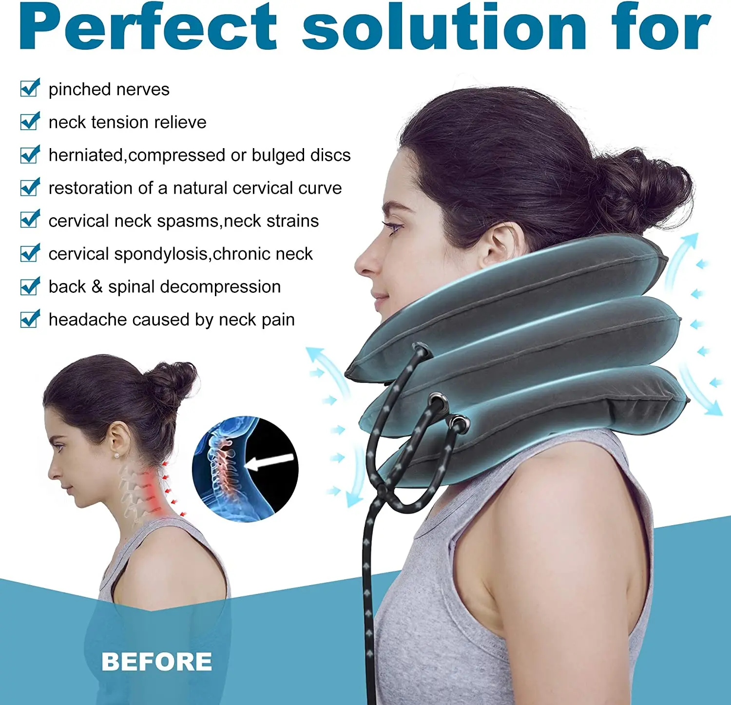 Cervical Neck Traction Device&Inflatable Adjustable Neck Stretcher Provide Neck Support Neck Traction and Neck Pain Relief