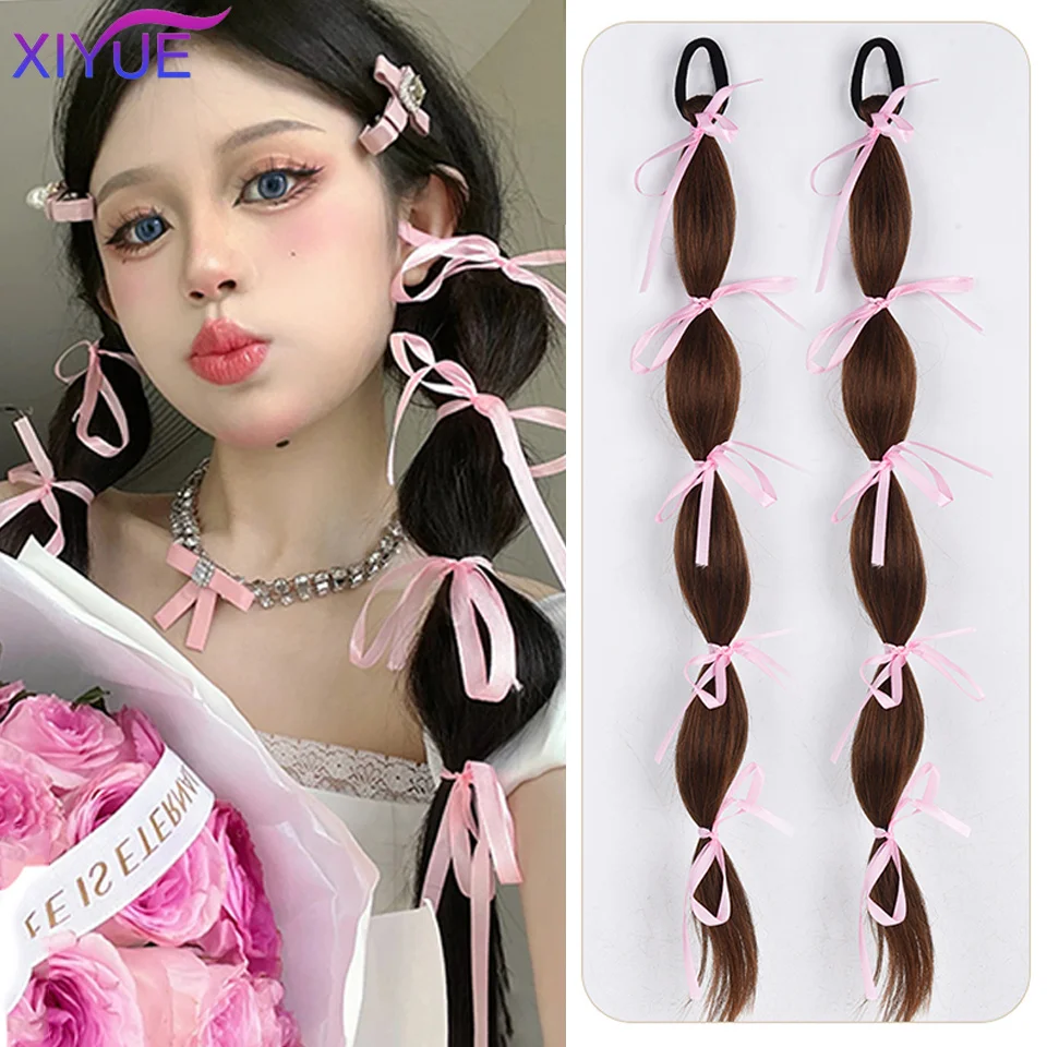 

XIYUE Bowknot Bubble Horse Tail Clip In Ponytail Hair Extension Heat Resistant Synthetic Natural Double Horse Tail