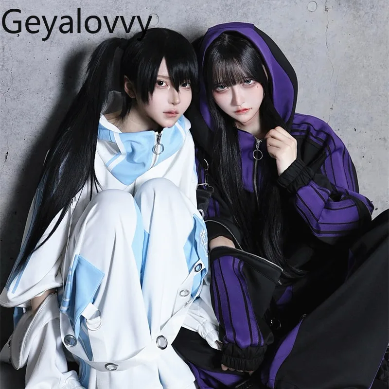 Japanese Subculture Embroidery Detachable Long Sleeve Sportswear Color Block Zipper Loose Jacket Casual Long Pants Unisex Set