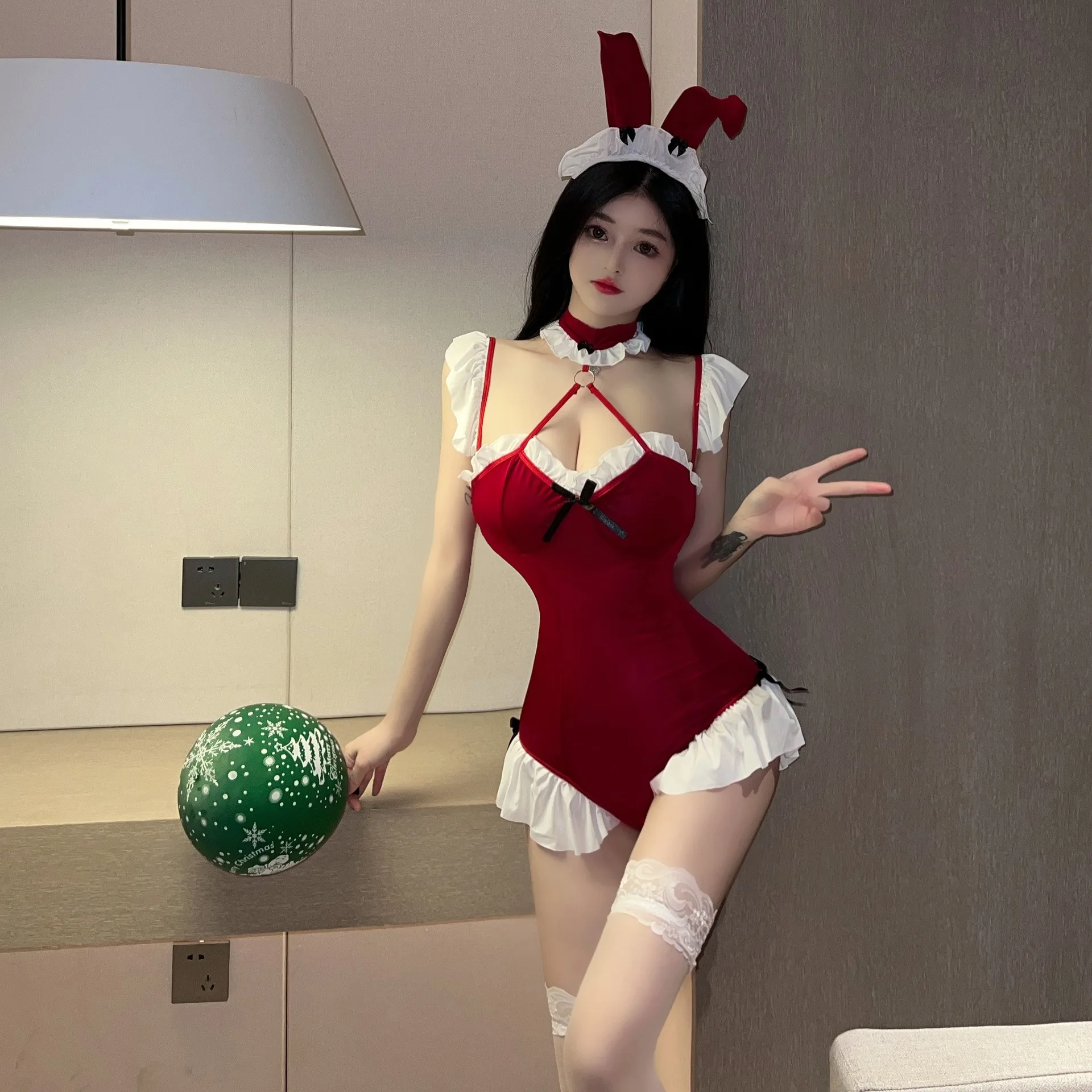 Lencería Sexy para mujer, Cosplay de sirvienta de conejo, ropa de dormir Sexy, combinación de lencería de encaje con empalme, conjuntos de ropa interior erótica Porno de Navidad