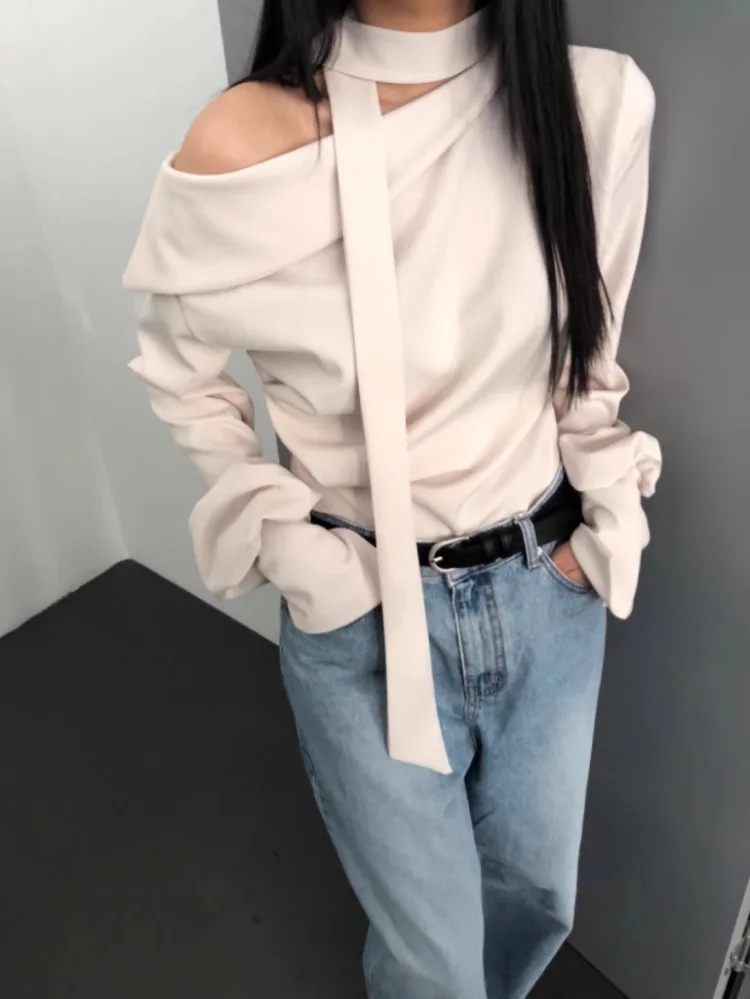 Fashion Gentle Off Shoulder Blusas Mujer 2024 Spring Autumn New Shirts Women Y2k Slim Fit Long Sleeve Scarf Two Piece Sets