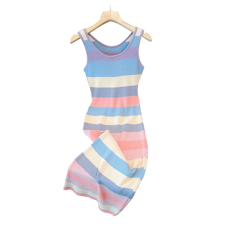 Vestido largo de punto sin mangas para mujer, traje con tirantes, rayas arcoíris, cintura elástica, ajustado, verano, 2024