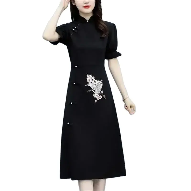 

Summer Mid-Long Dress Women 2024 New Coil Buckle Stand-Up Collar Short Sleeves Dresses Fashion Chinoiserie A Word Skirt Female