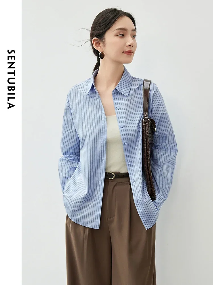 SENTUBILA Striped 100% Cotton Shirt for Women 2024 Autumn Fashion Casual Loose Turn Down Collar  Single-breasted Top 143C56763