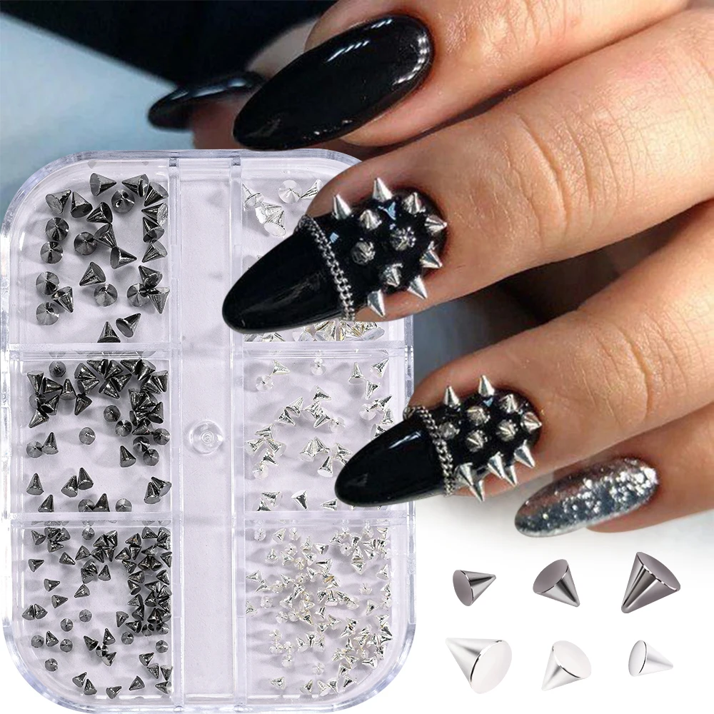 6 rejillas 3D Punk remache Nail Art Charms aleación de fondo plano cono puntiagudo tachuelas de uñas mixtas negro plata oro manualidades DIY remache de punta
