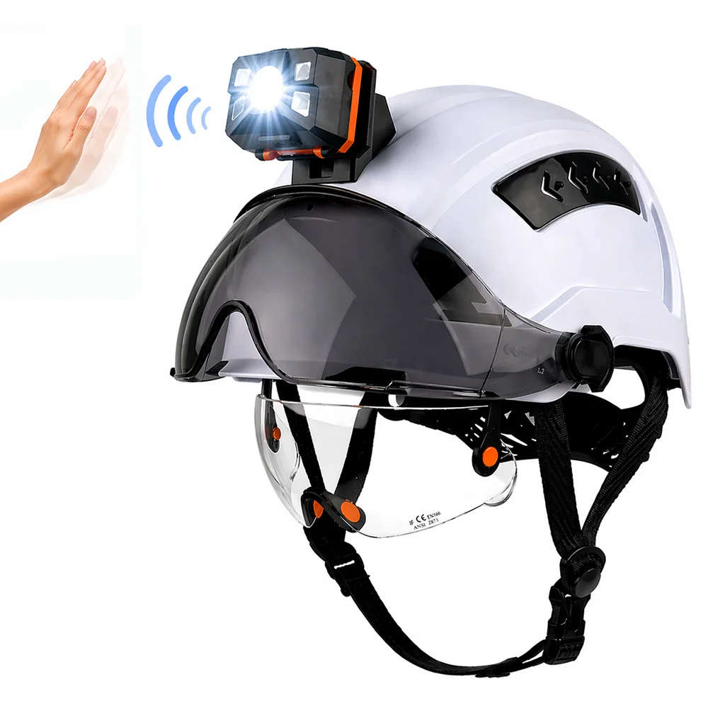 

CE Safety Helmet with Detachable Headlamp Light Double Visors ABS Ventilated Hard Hat Industrial Engineer Construction Work Cap