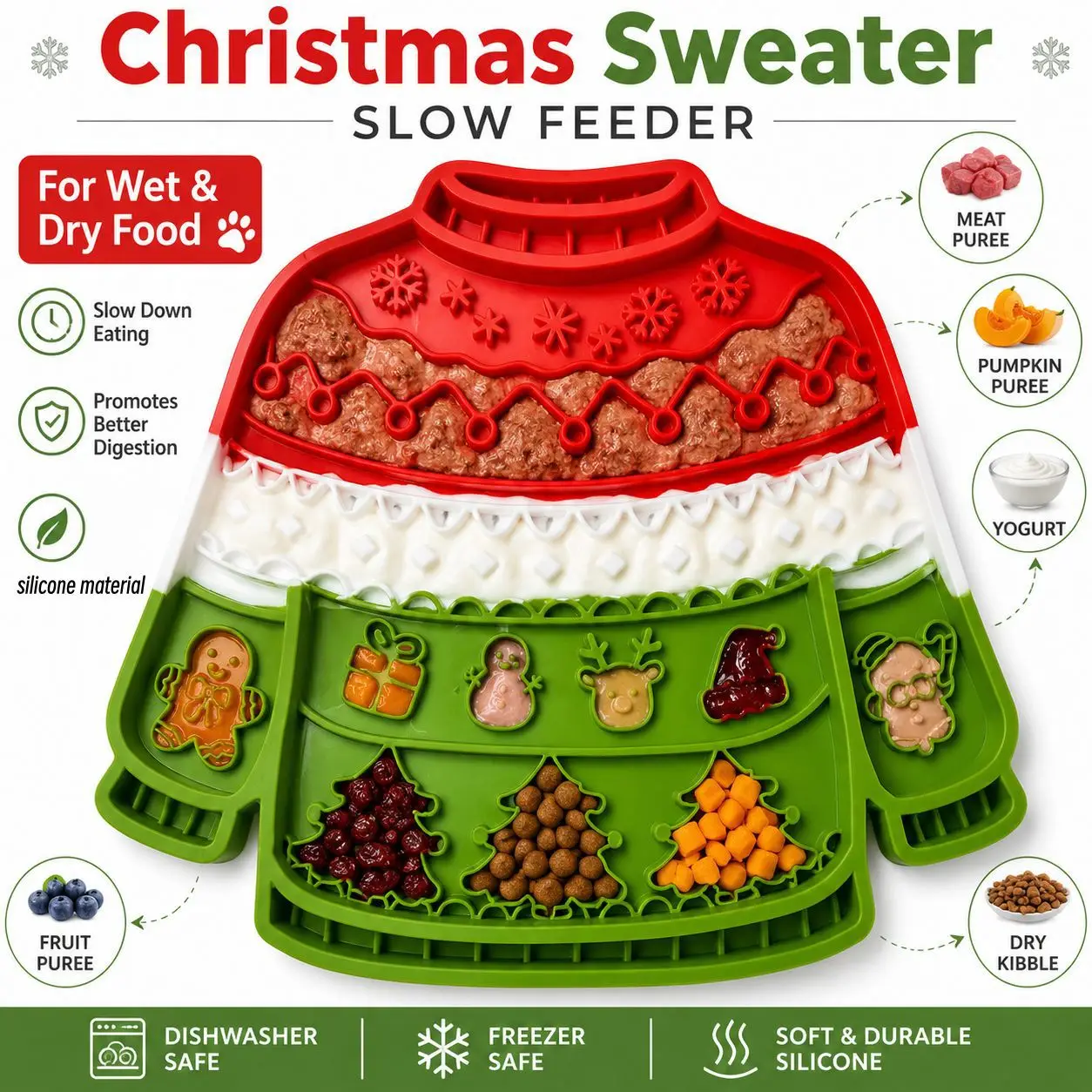 Christmas Sweater Silicone Pet Licking Mat Multi‑suction Cup Anti‑Slip Slow Feeding Soothing Interactive Lick Pad Pet Supplies