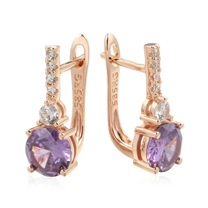 Wbmqda Fashion Round Purple Natural Zircon Drop Earrings For Women 585 Rose Gold Color Fine English Lock Jewelry Accessories