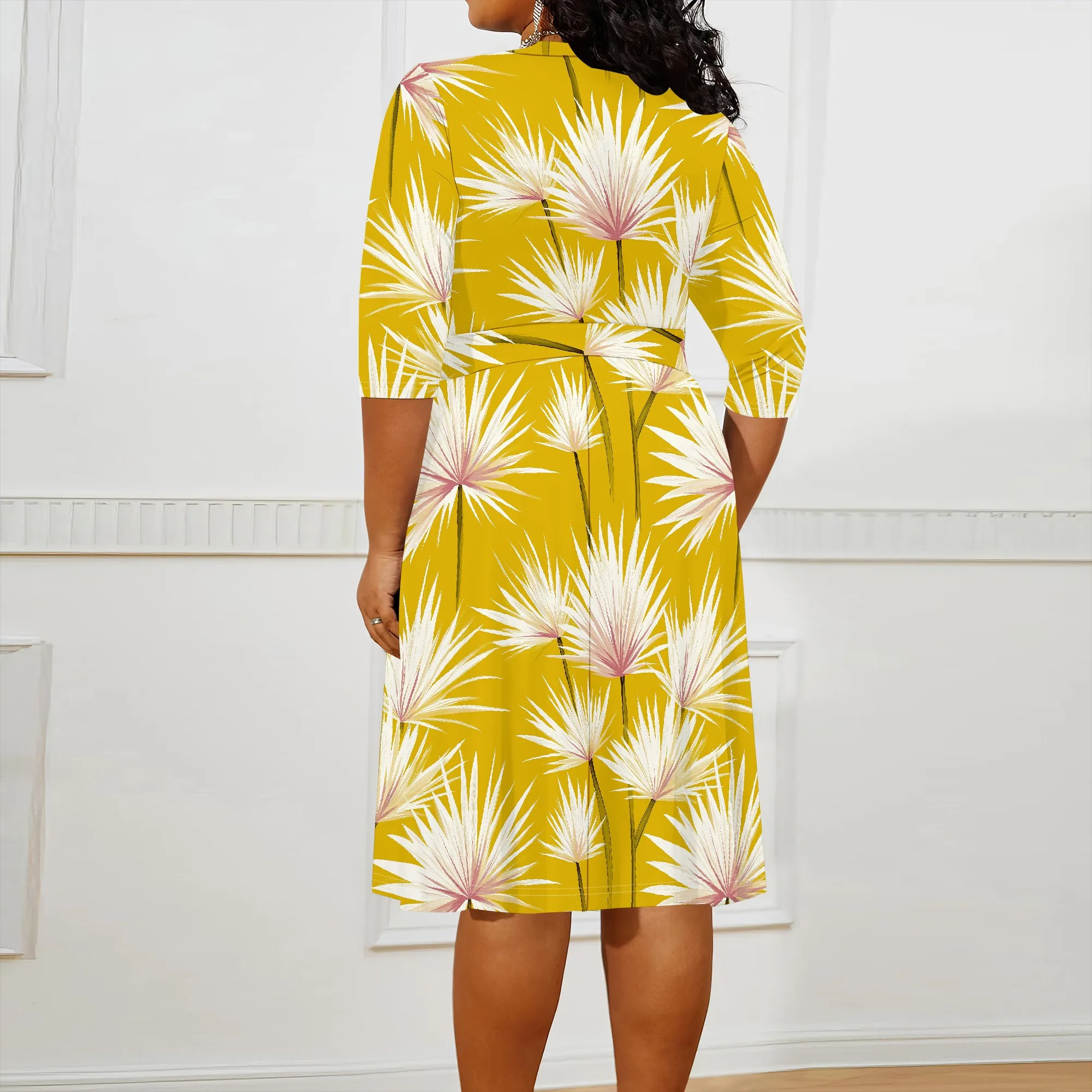 Plus Size Floral Wrap Dress XL-6XL Bright Yellow White Feather Print V-Neck Midi Dress for Women Spring, Brunch or Vacation