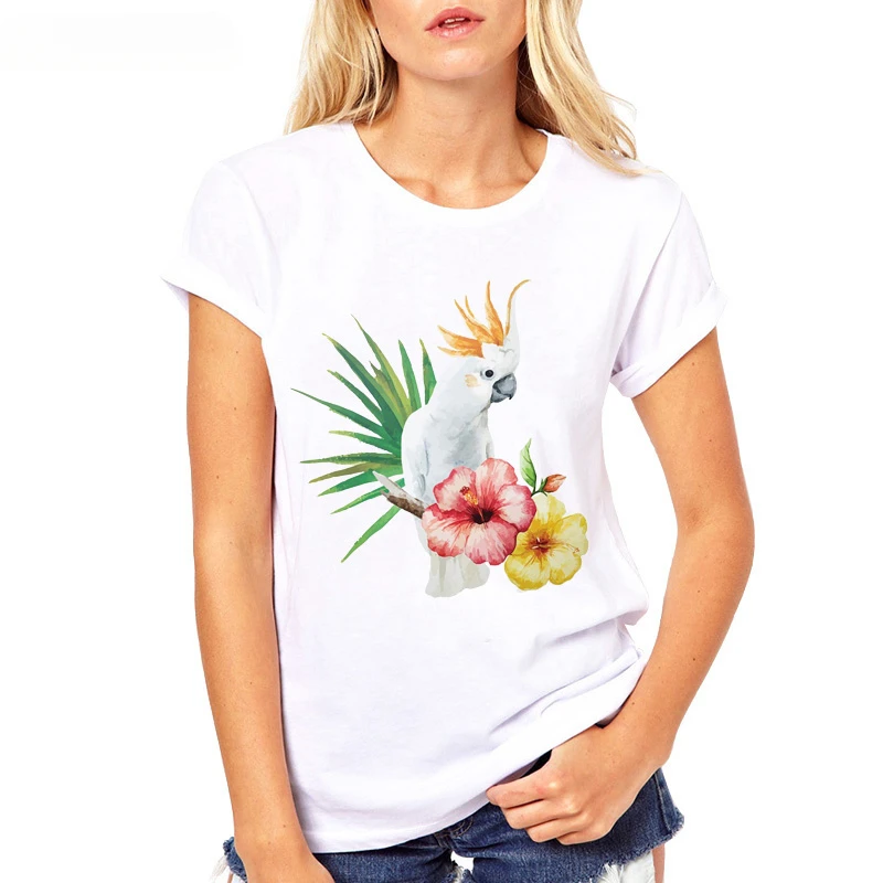 Cute White Cockatoo And Watercolor Palm leaves Print T-Shirt Fashion Women All-match White Tee Shirt Cute Bird Lovers Girl Tee