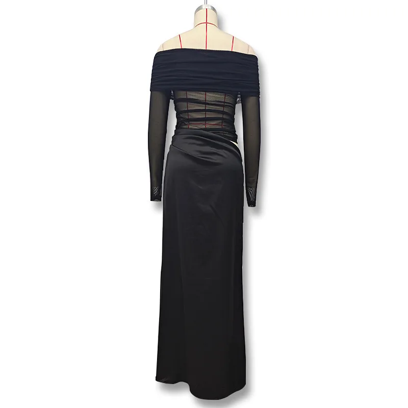 가을 긴팔 Y2K 메쉬 시스루 드레스 여성용 오프숄더 펜슬 드레스 우아한 여성용 이브닝 파티 의상