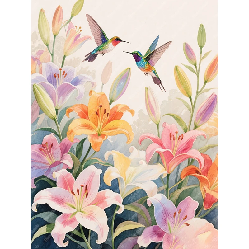 Three Ratels QHH117 Beautiful colorful lilies and hummingbirds wall stickers for home decoration