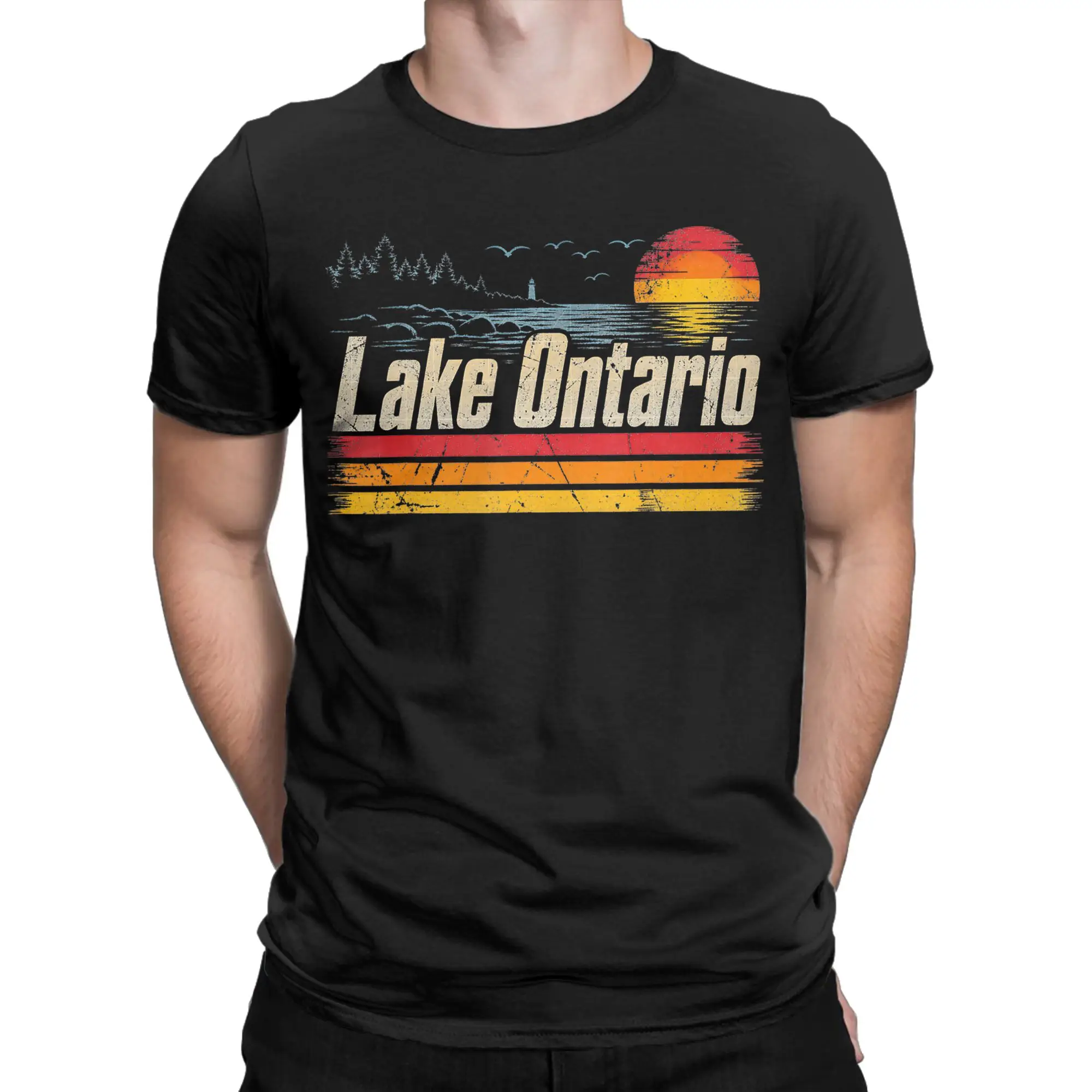 Camiseta Vintage Retrô Pôr do Sol Great Lakes Lago Ontário para Homens e Mulheres, Gola Redonda, Algodão, Manga Curta, Tamanhos Grandes