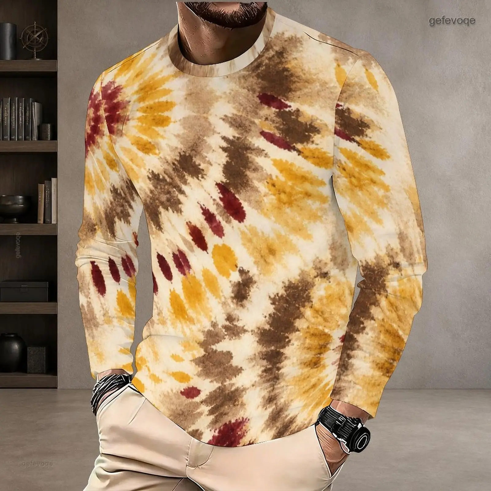 Printed T Shirt for Men Round Neck Long Sleeve Pullover Straight Hem