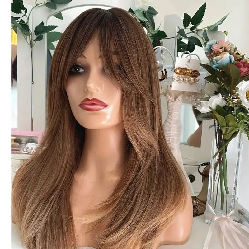 Ombre loira marrom em camadas peruca de cabelo reto com franja perucas dianteiras do laço para as mulheres perucas dianteiras do laço sintético preplucked linha fina