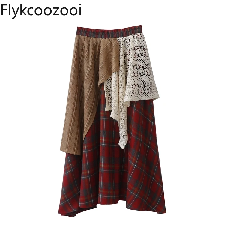 Spring Niche Design Style Irregular Lace Splicing Forest Retro Plaid Long Skirt Regulai Fit Женская Летняя Юбка Falda Aesthetic