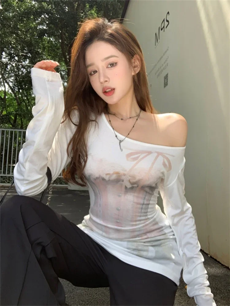 Korean Fashion High Quality White Skew Collar T-Shirts Women Thin Sexy Slim Print Tops Summer High Street Gyaru Long Sleeve Tees