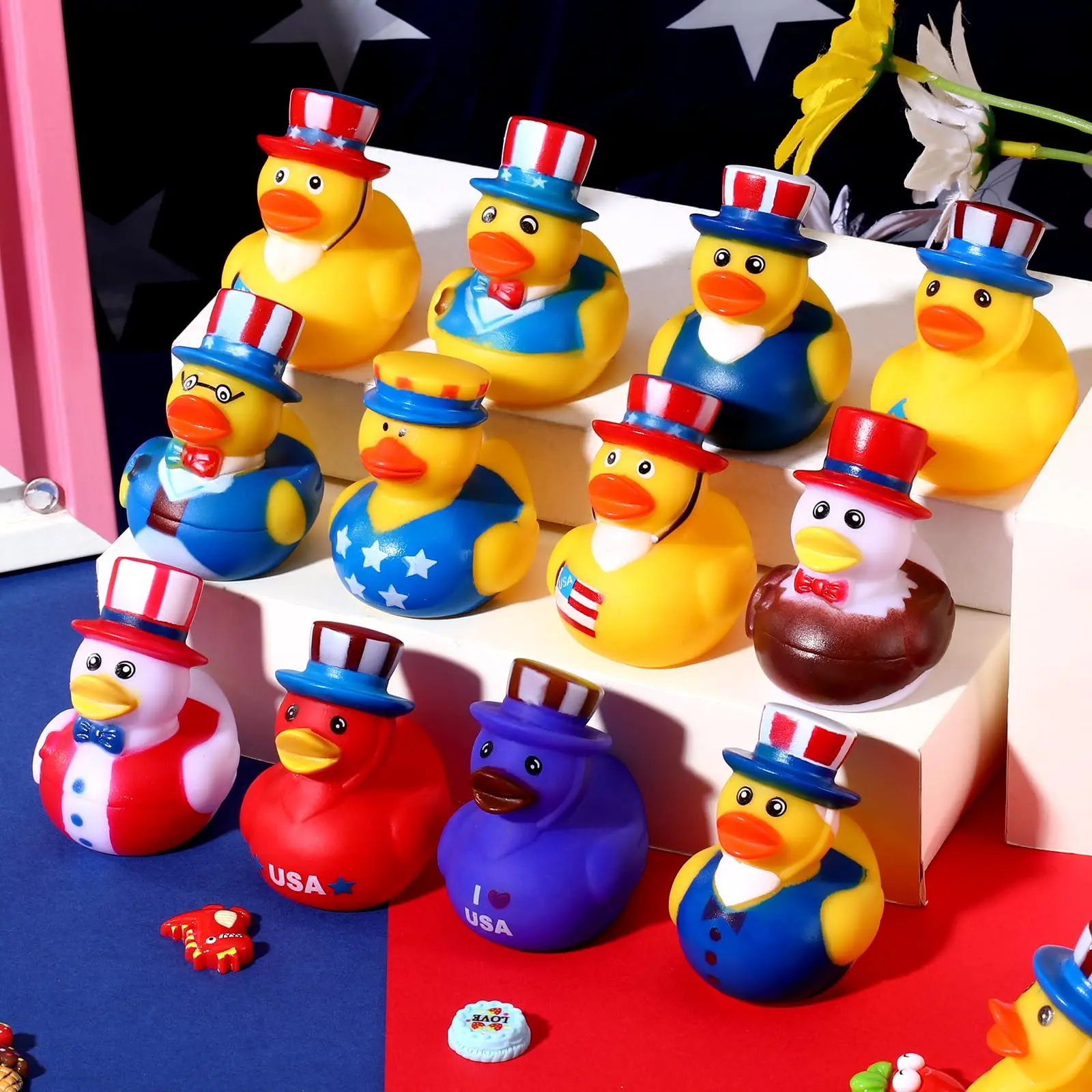 Patos de goma patrióticos para el día de la independencia, accesorio divertido de 48 piezas para ducha de bebé, bañera, fiesta del 4 de julio