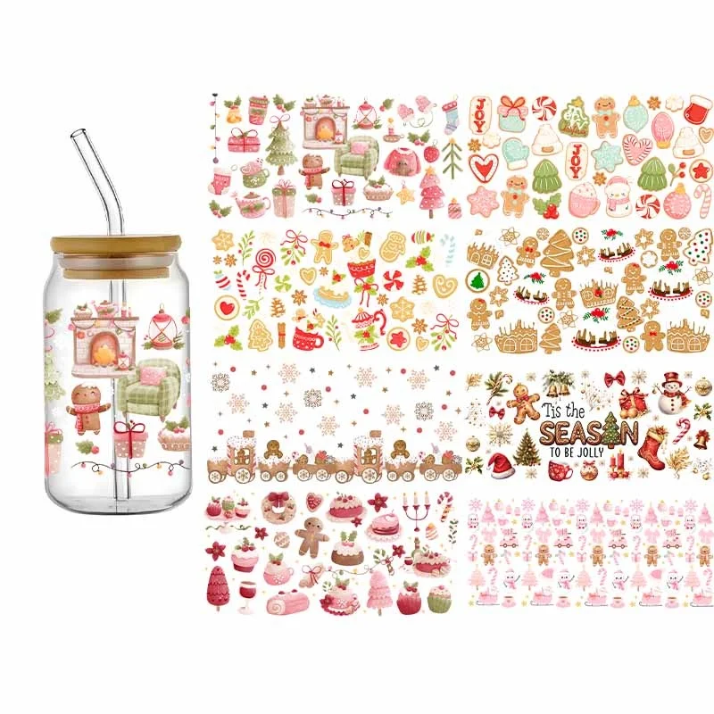 3D UIV DTF Christmas Transfer Sticker Wraps Cup DIY Waterproof Gingerbread Man For 16 OZ Libbey Glass Cup High Quality