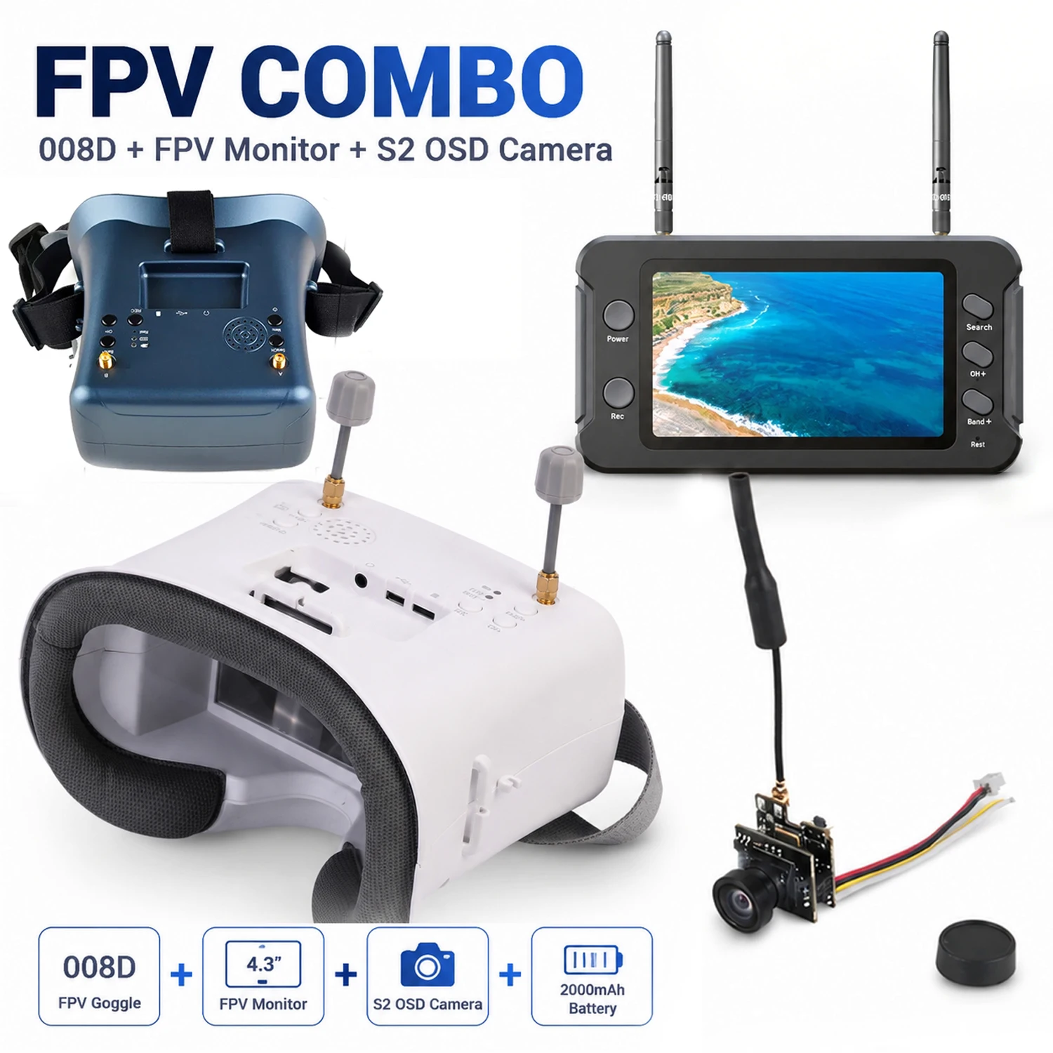 RC 5.8GHz FPV Goggle 008D 008PRO 40CH Receiver DVR 3.7V/2000mAh Battery 4.3 inch HD LCD 16:9 with Camera for RC FPV Racing Drone