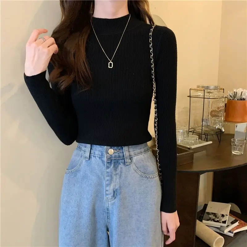 

Y2K Mock Neck Women Sweater Korea Pullover Basic Tops Soft Fitted Knit Wear Long Sleeve Pulls Half Turtleneck Bottom Shirt Black