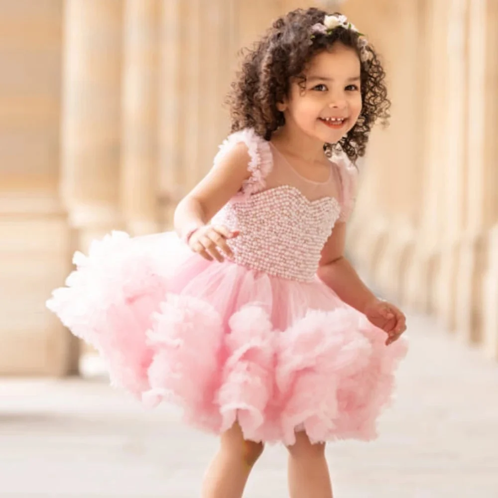 Custom Luxury Dress Female Wedding Guest Gown Girls Sleeveless Pearl Tulle Wedding Dress Luxurious Birthday Party Formal Outfit