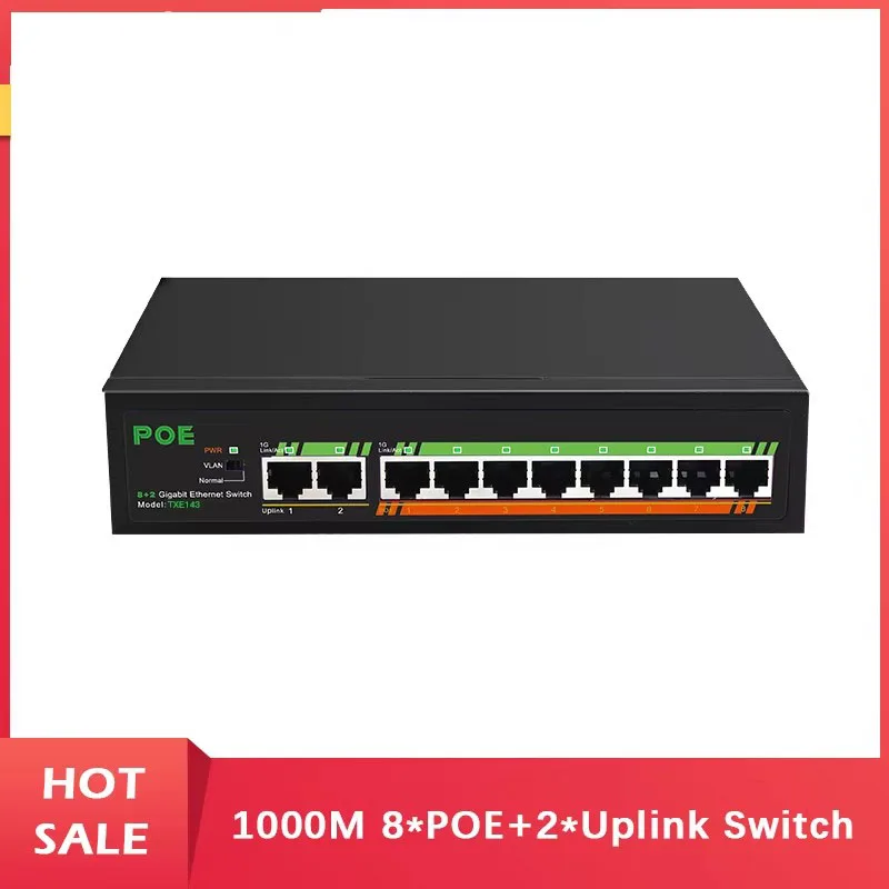 Conmutador Gigabit de 8 puertos, conmutador POE de 10/100/1000Mbps, 2 puertos, 1000Mbps, conmutador Ethernet de enlace ascendente, fuente de alimentación integrada de 52V y 120W con VLAN