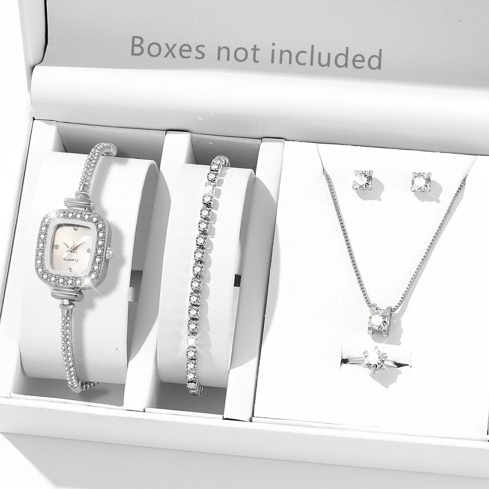 6PCS/Set Women Silver White Watch Square Diamond Face Dial Quartz Wristwatch Alloy Bracelet Watch Jewelry Set Gift For Mom