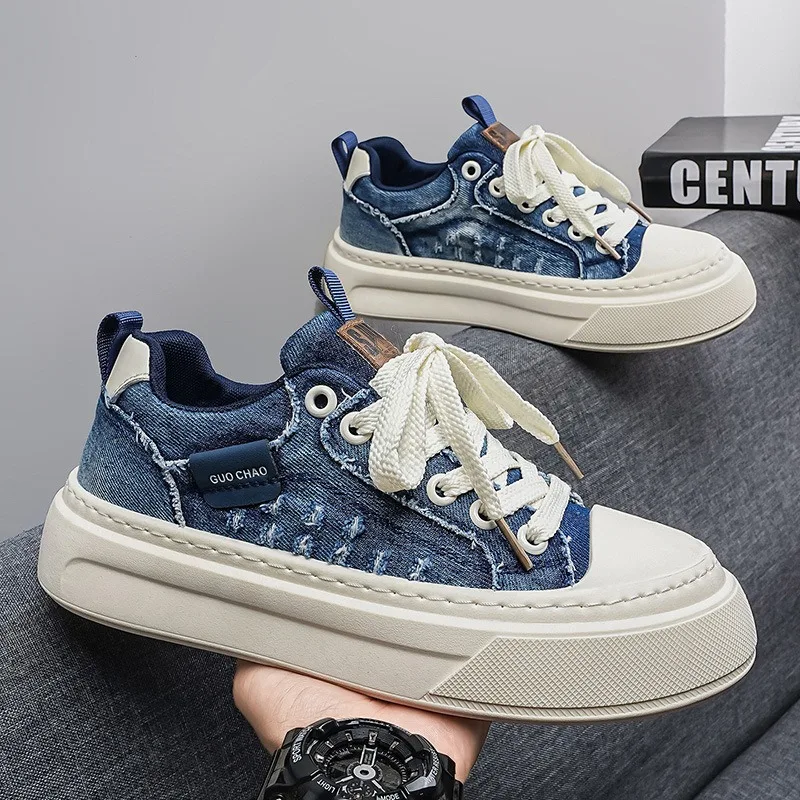 Vintage vintage distressed denim canvas skateboard shoes with lace up back to school contrasting colors,lightweight street style