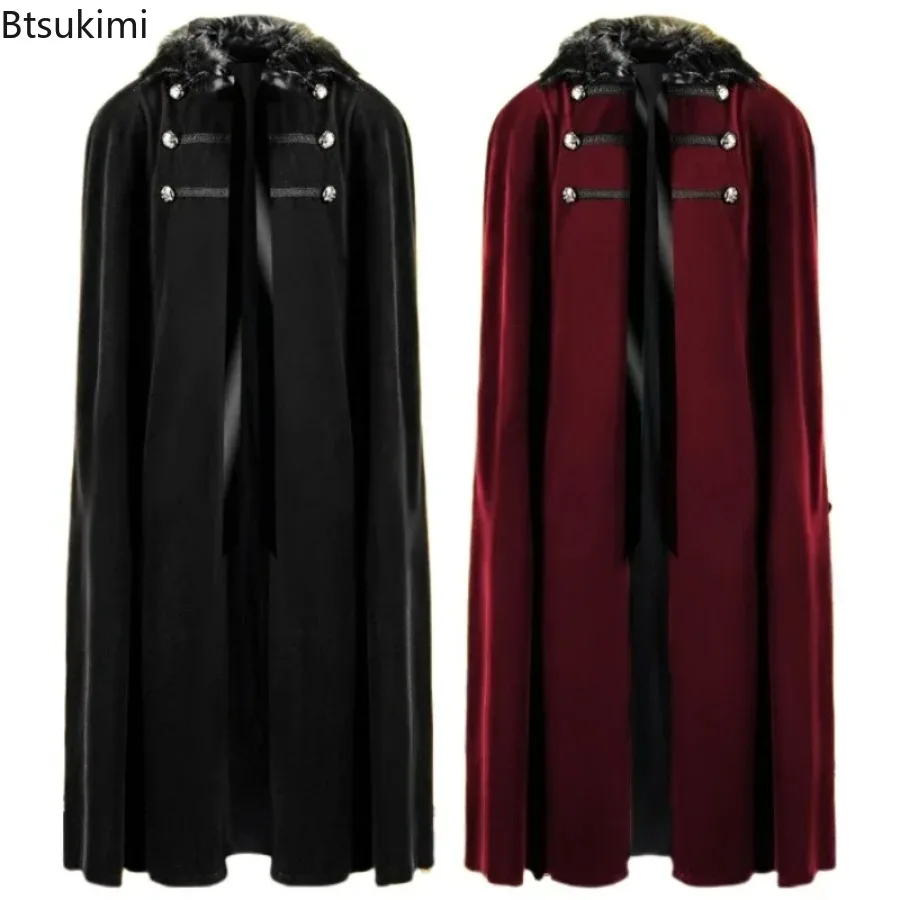 جديد 2025 للهالوين للكبار في القرون الوسطى Steampunk القراصنة عباءة تأثيري الفراء مقنعين طويل القوطية الرجعية بلون سترة للنساء الرجال