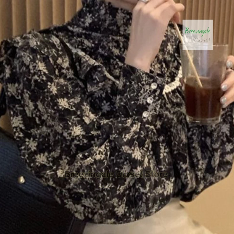 French retro floral shirt women's spring and autumn design sense niche stand-up collar wooden ear stitching shirt chic top tide