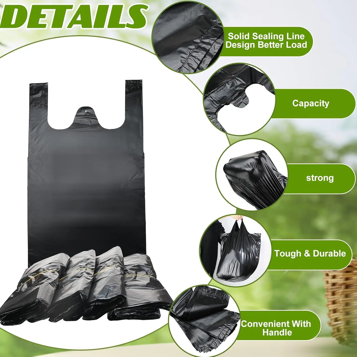 400 Pcs Black Trash Bags With Handles - 14x22 INCH Heavy Duty Super Thick Plastic Rubbish Bags For Kitchen Residue, Office, Picnic, Kitchen, Bulk Use, 4 Gallons