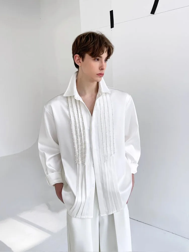 High Quality Fashion Mens Handmade Bead Design Shiny Shirt Loose Fit Turndown Collar Long Sleeve Stage Show Shirts 2025 New Tops