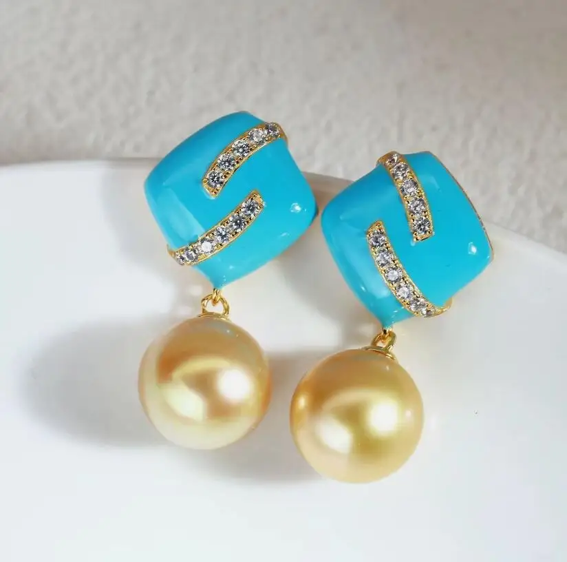 

gorgeous 10-11mm south sea round gold pearl dangle earring 925s