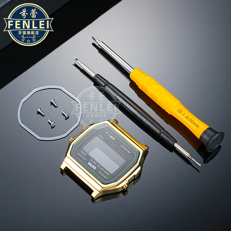 الذهب معدن حزام (استيك) ساعة الحال بالنسبة ساعة كاسيو سوار مربع صغير A158 A159 F-91 الرجال تعديل الفولاذ المقاوم للصدأ ساعة + حزام