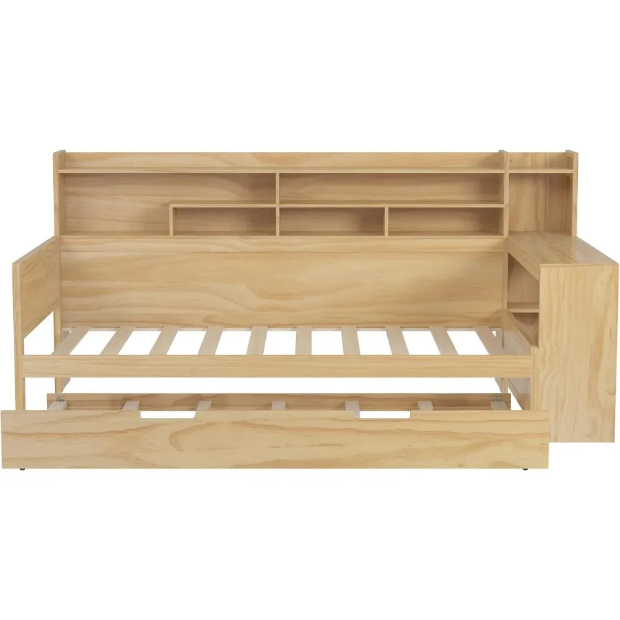 إطار سرير أريكة خشبي مزدوج الحجم مع أرفف تخزين دولاب بحجم مزدوج ومكتب دراسة لغرفة النوم ومنفذ شرائح خشبية بدون صندوق