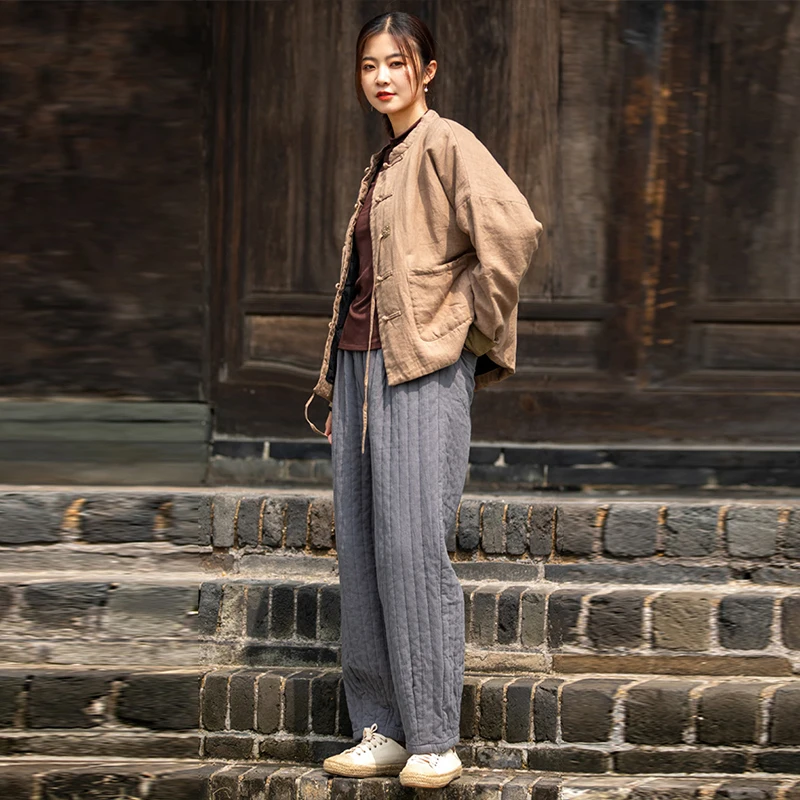 Vintage Literature Art Women Winter Cotton Quilted Pants High Waist Baggy Trousers Windproof Thicken Warm Harem Pants