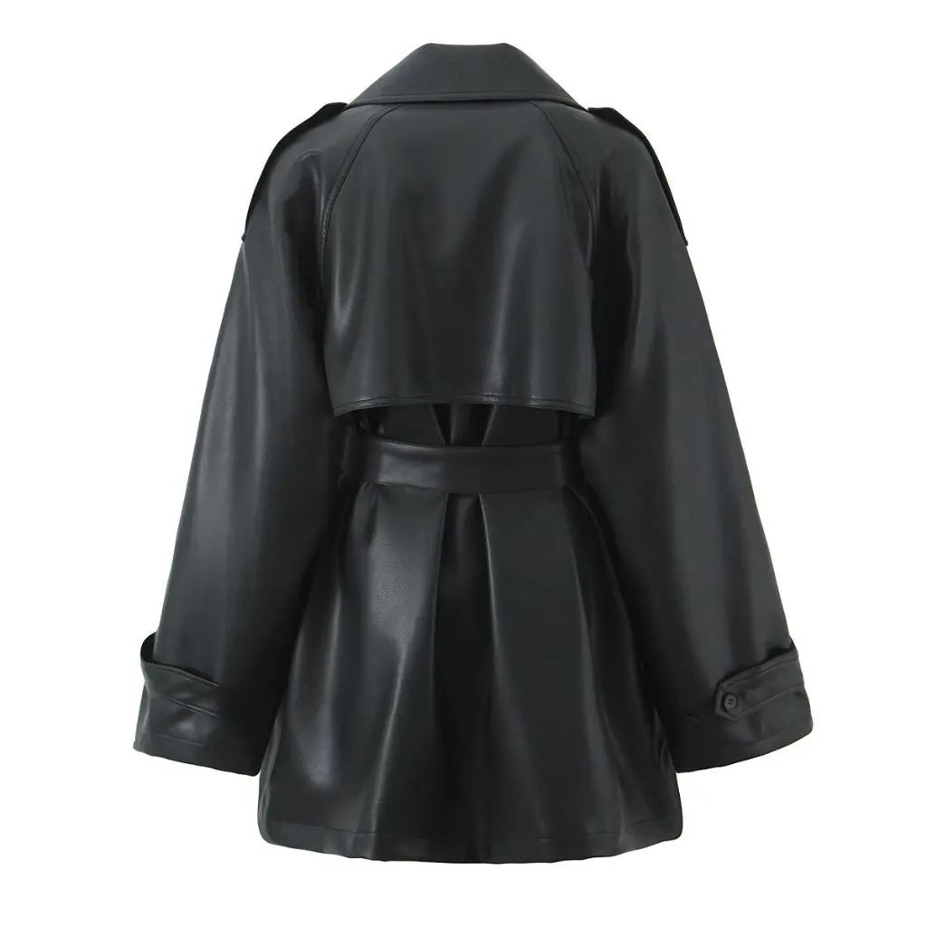 

Women's Double-breasted Lapel Leather Coat High-End Tight Waist Casual Loose Fit Mid-Length for Autumn