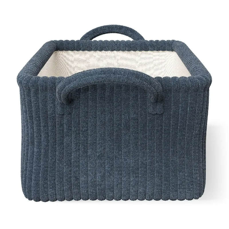 Kids Medium Dark Blue Ribbed Corduroy Fabric Storage Basket with Handles